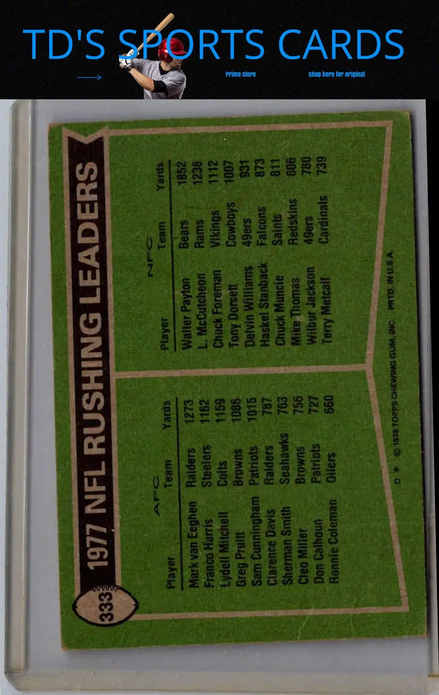 Vintage football card of rushing leaders featuring Mark Van Eeghen and Walter Payton