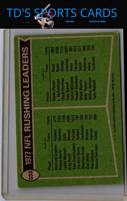 Vintage football card of rushing leaders featuring Mark Van Eeghen and Walter Payton