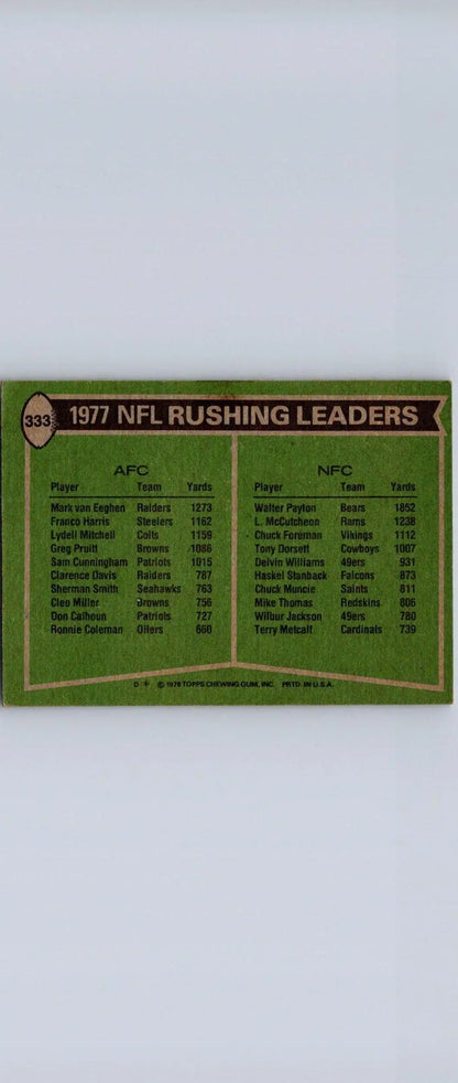 1978 Topps #333 card featuring 1977 NFL rushing leaders Mark Van Eeghen and Walter Payton