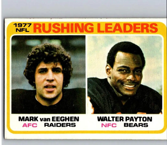 1978 Topps #333 trading card featuring 1977 NFL Rushing Leaders Mark Van Eeghen and Walter Payton