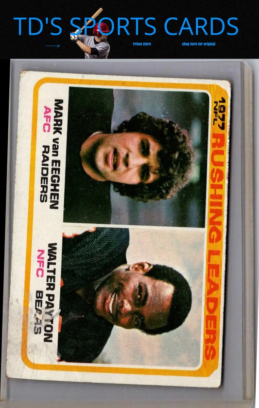 Vintage football card of rushing leaders featuring Mark Van Eeghen and Walter Payton
