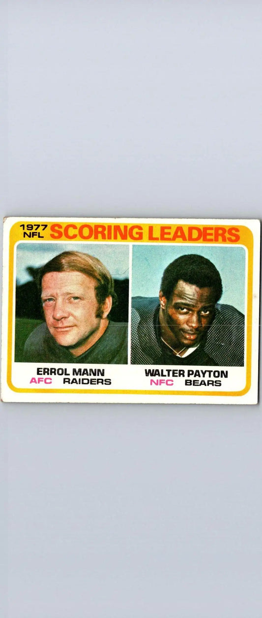 1978 Topps #334 trading card of 1977 NFL Scoring Leaders Errol Mann and Walter Payton