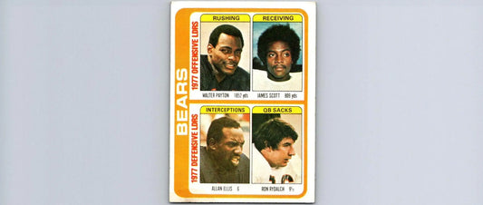 1977 Bears football card featuring Walter Payton, James Scott, Allan Ellis in top condition