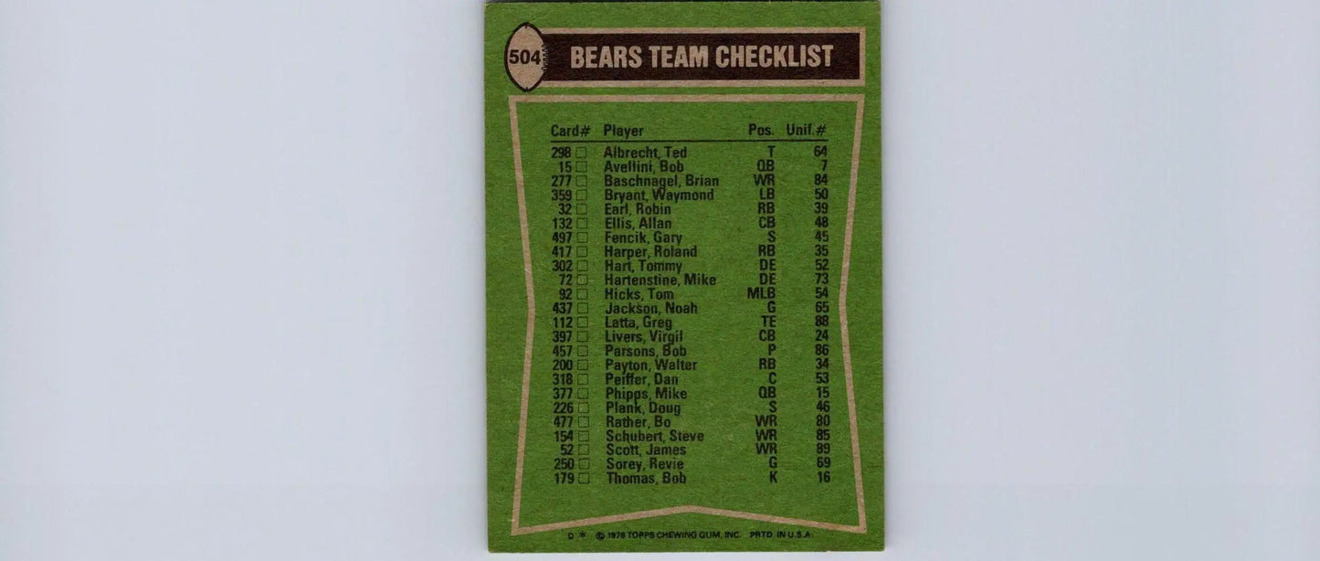 Vintage Bears team checklist card featuring Walter Payton, James Scott, and Allan Ellis