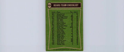 Vintage Bears team checklist card featuring Walter Payton, James Scott, and Allan Ellis