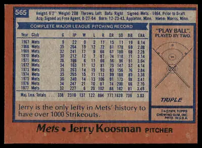 Back of 1978 Topps #565 Jerry Koosman baseball card featuring New York Mets details