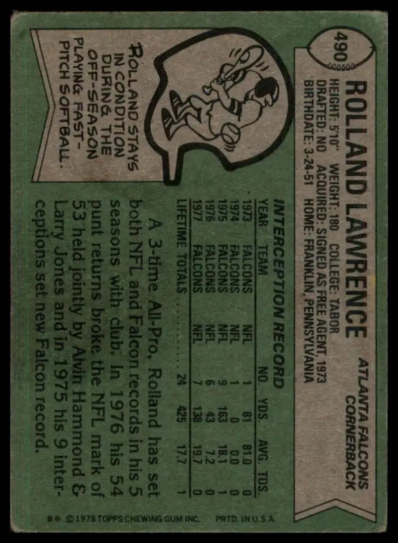1978 Topps All-Pro Rolland Lawrence #490 Atlanta Falcons Football Card NFL Sport - Football Card Single