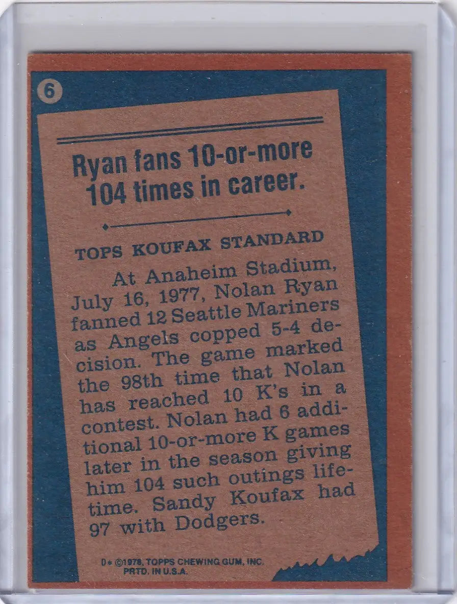 Vintage Nolan Ryan record breaker baseball card from 1978 Topps Baseball series