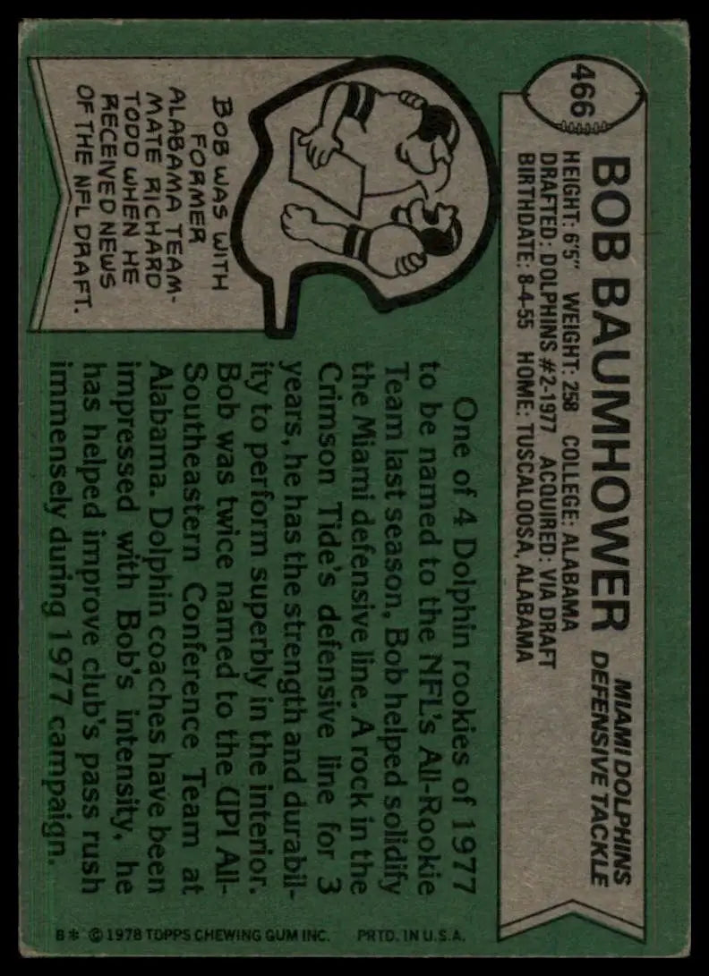 1978 Topps Bob Baumhower #466 Rookie Miami Dolphins Football Card NFL Sports