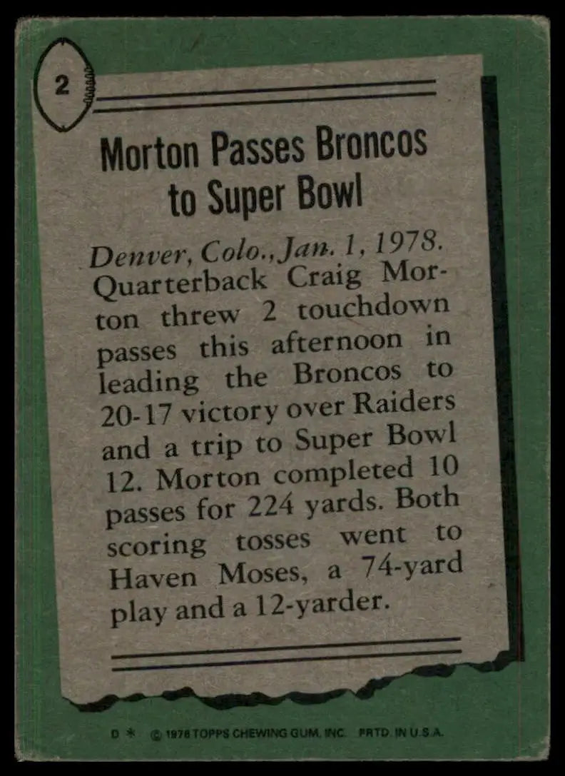 1978 Topps Craig Morton #2 Denver Broncos Football Card NFL Sports - Football Card Single