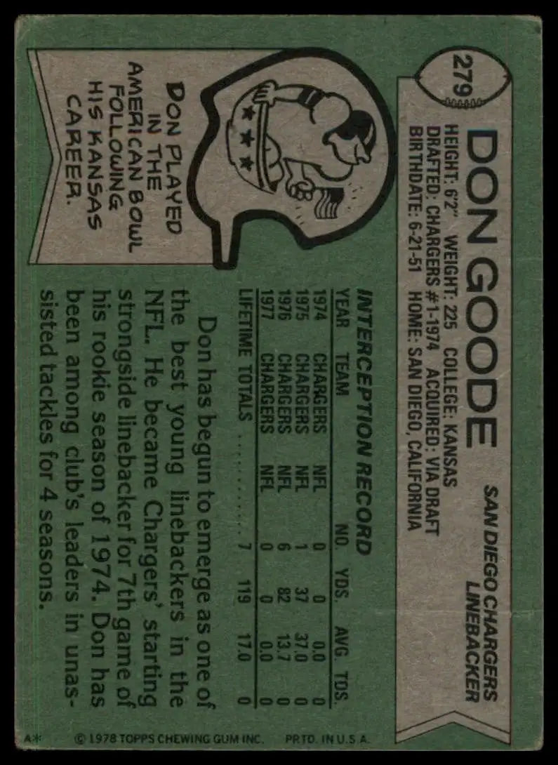 1978 Topps Don Goode #279 San Diego Chargers Football Card NFL Sports - Football Card Single
