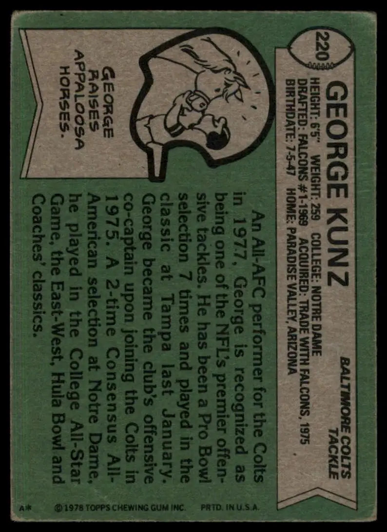 1978 Topps George Kunz #220 Indianapolis Colts Football Card NFL Sports - Football Card Single