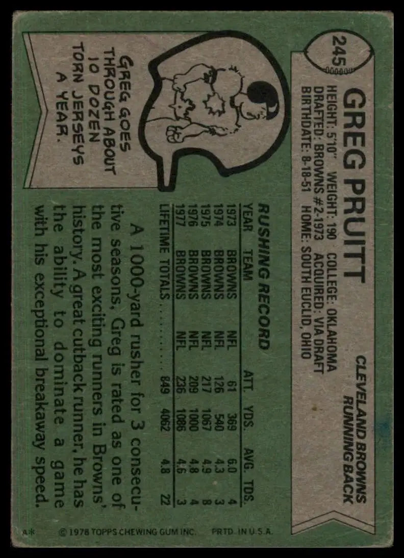1978 Topps Greg Pruitt #245 Cleveland Browns Football Card NFL Sports - Football Card Single