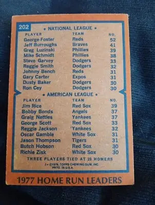 1978 Topps - Home Run League Leaders Jim Rice George Foster #202. EX - EX+ - Baseball Card Single