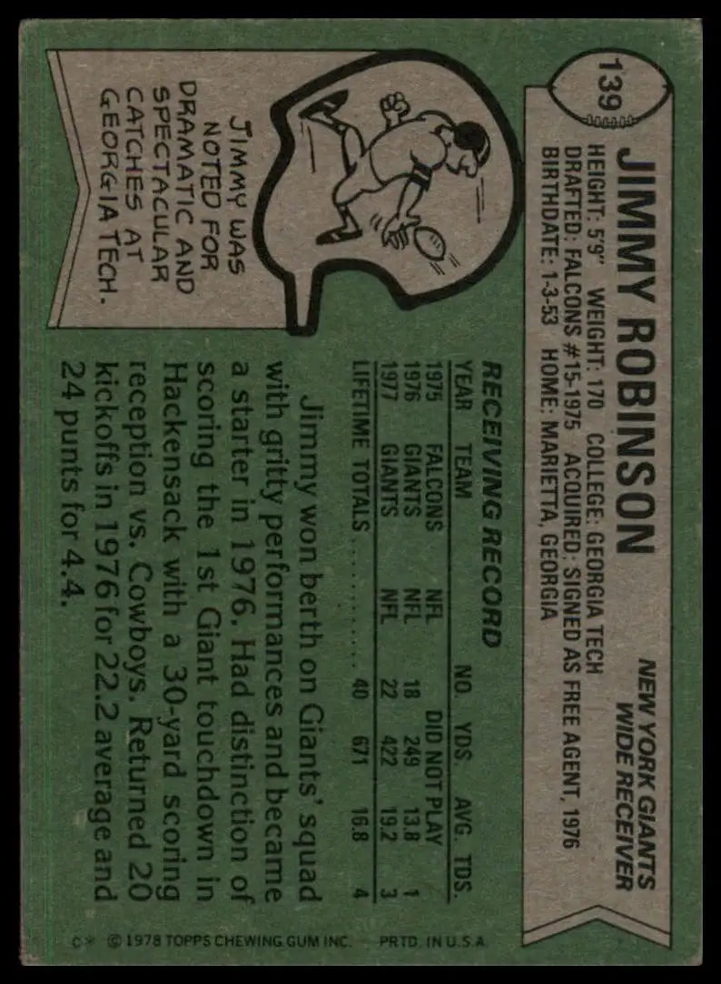 1978 Topps Jim Robinson #139 Rookie New York Giants Football Card NFL Sports - Football Card Single