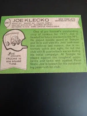 1978 Topps - Joe Klecko #287 (RC). NY Jets. NRMT+ - Football Card Single
