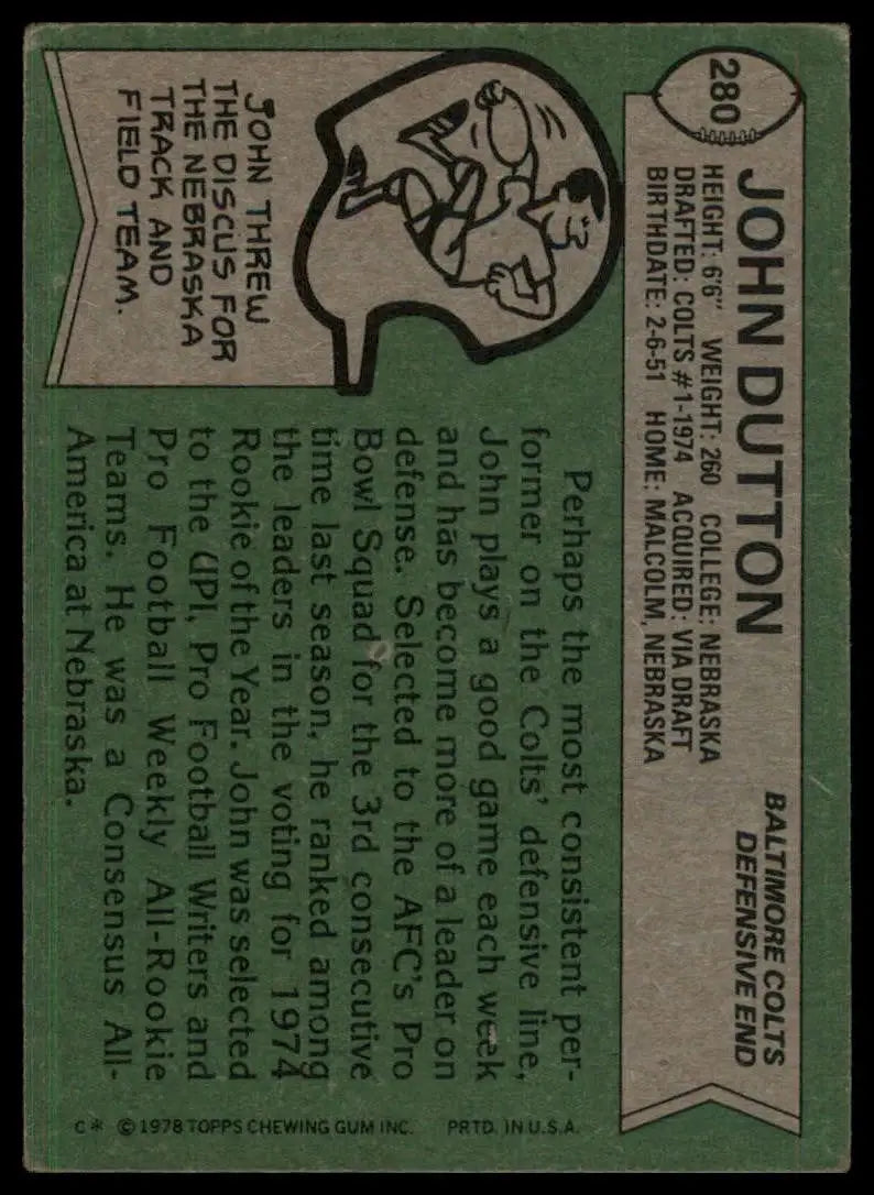 1978 Topps John Dutton #280 Indianapolis Colts Football Card NFL Sports - Football Card Single