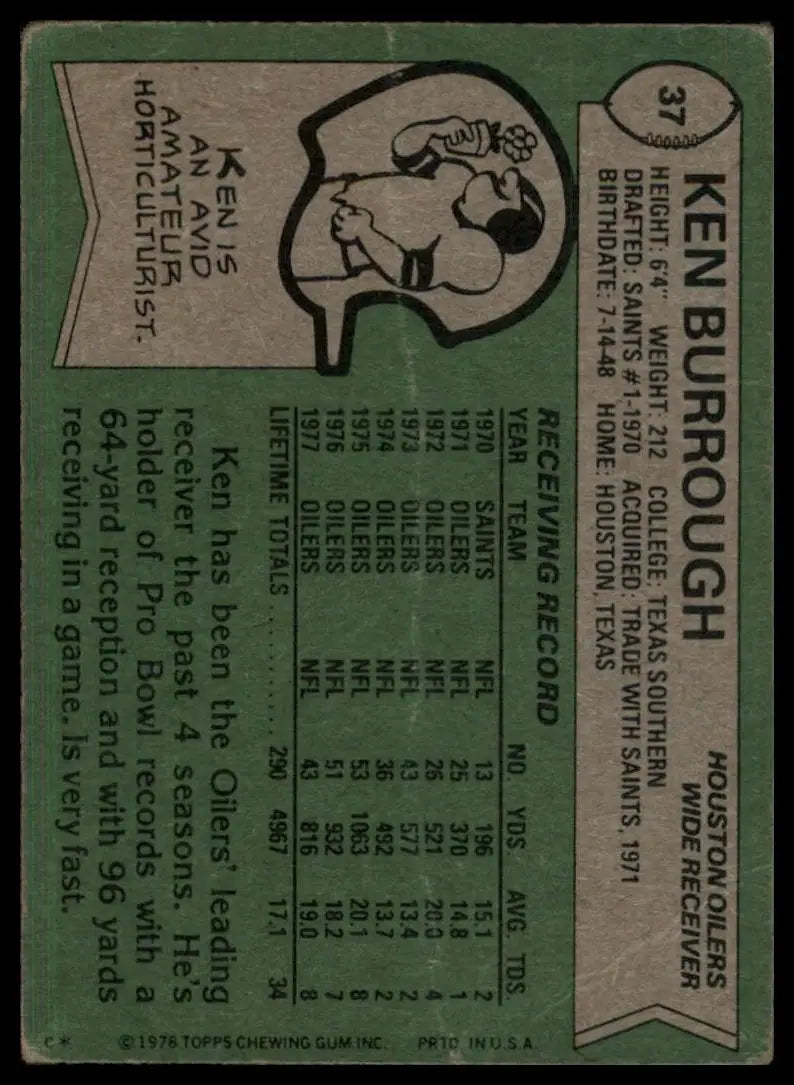 1978 Topps Ken Burrough #37 Houston Oilers Football Card NFL Sports - Football Card Single