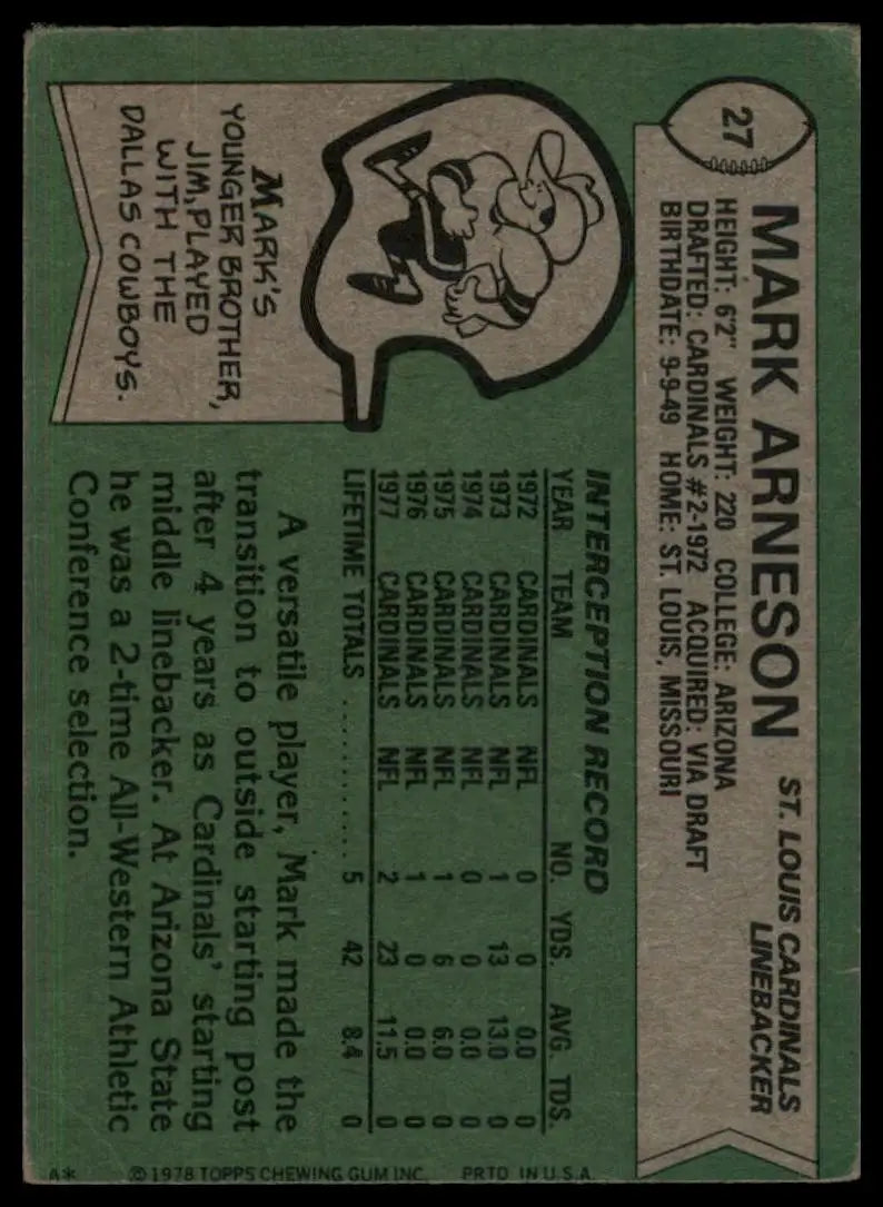 1978 Topps Mark Arneson #27 St Louis Cardinals Football Card NFL Sports