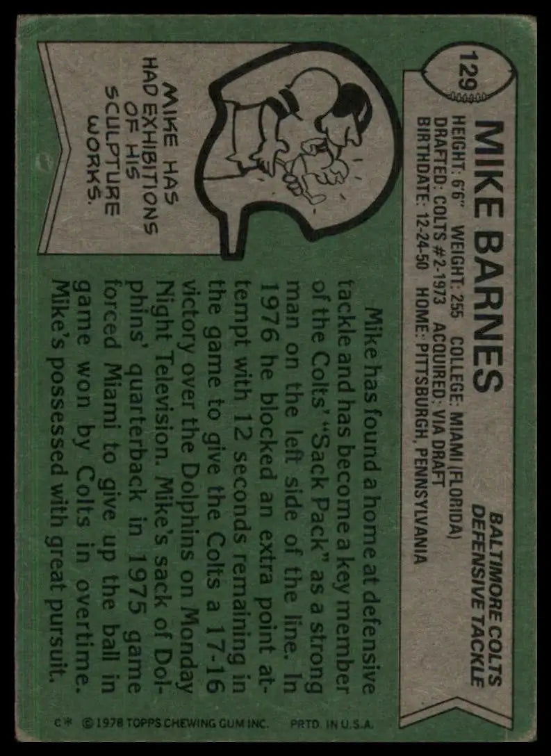 1978 Topps Mike Barnes #129 Indianapolis Colts Football Card NFL Sports - Football Card Single