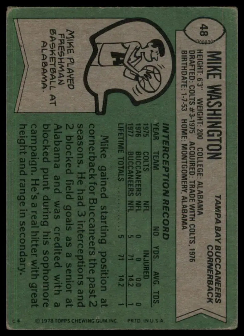 1978 Topps Mike Washington #48 Rookie Tampa Bay BuccaneersFootball Card NFL