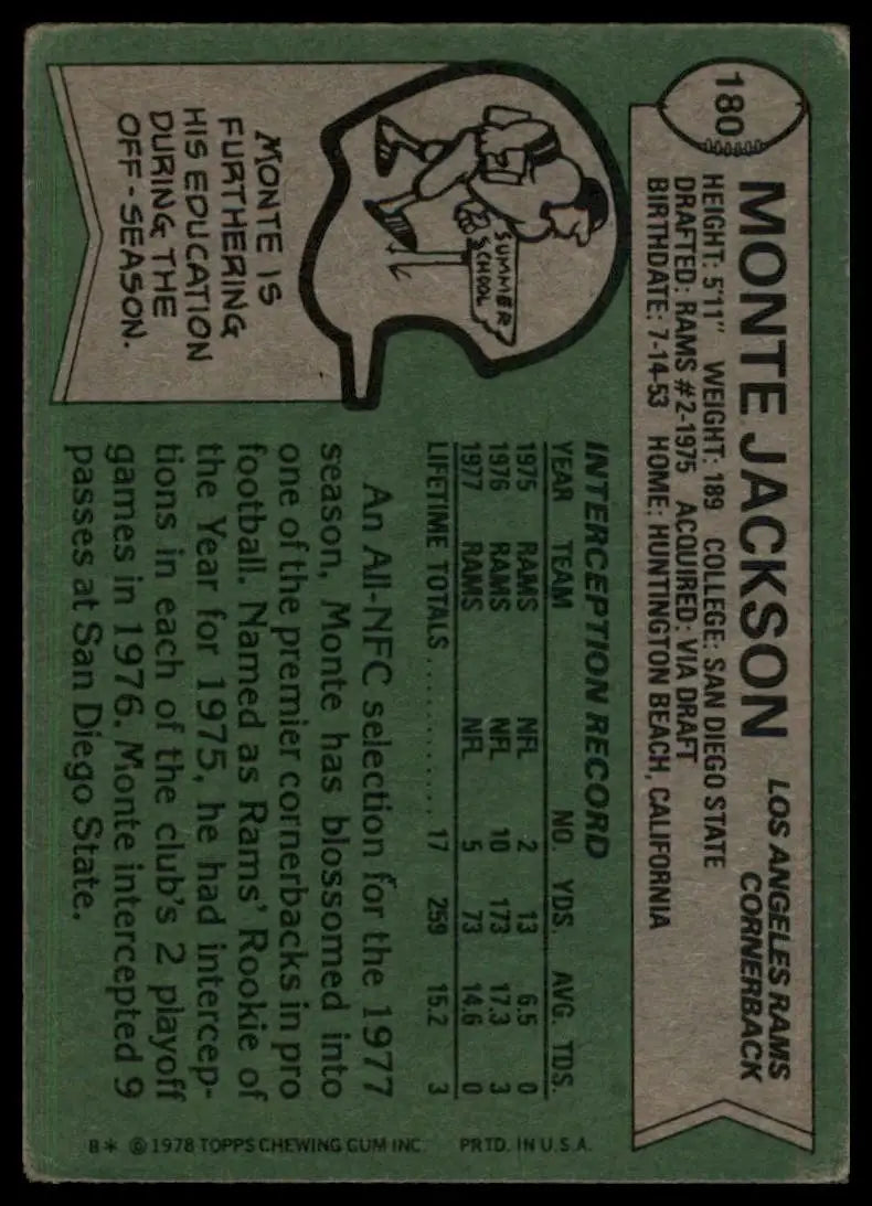 1978 Topps Monte Jackson #180 Los Angeles Rams Football Card NFL Sports - Football Card Single