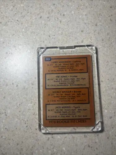 1978 Topps trading card of Rookie Pitchers Jack Morris, Larry Andersen, Tim Jones in case