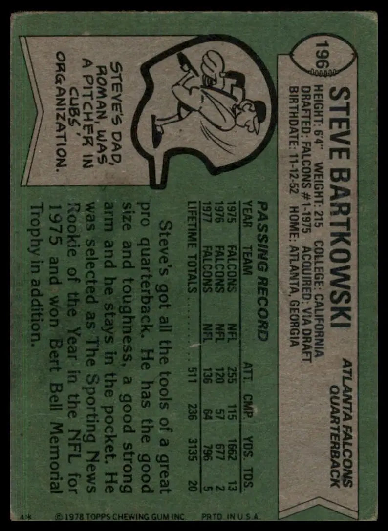 1978 Topps Steve Bartkowski #196 Atlanta Falcons Football Card NFL Sports - Football Card Single