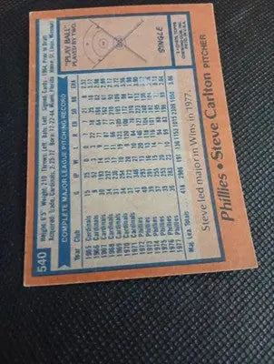 1978 Topps - Steve Carlton #540. Phillies. EX - Baseball Card Single