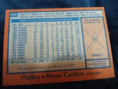 1978 Topps - Steve Carlton #540. Phillies. EX - EX+ - Baseball Card Single
