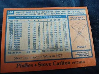 1978 Topps - Steve Carlton #540. Phillies. EX - EX+ - Baseball Card Single