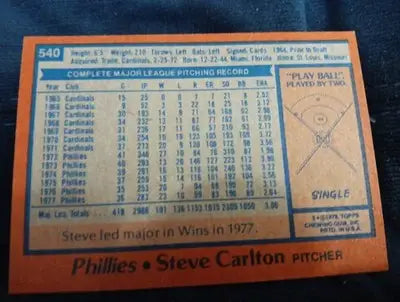1978 Topps - Steve Carlton #540. Phillies. EX - EX+ - Baseball Card Single