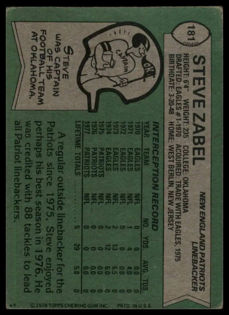 1978 Topps Steve Zabel #181 New England Patriots Football Card NFL Sports - Football Card Single