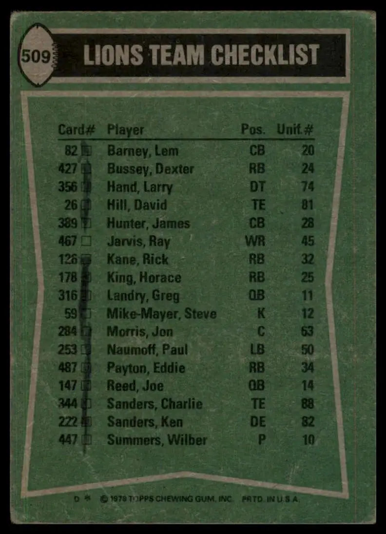 1978 Topps Team Checklist David Hill James Hunter Horace King #509 Rookie Lions - Football Card Single