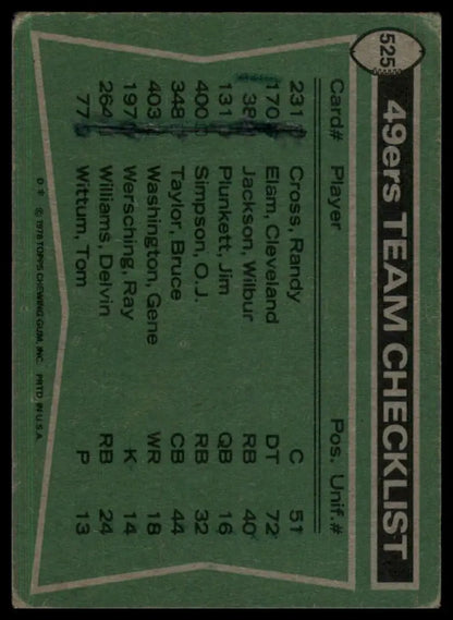 1978 Topps Team Checklist Gene Washington Delvin Williams Cleveland Elam #525 49 - Trading Card