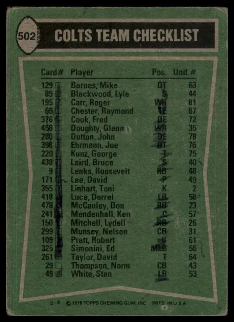 1978 Topps Team Checklist Lydell Mitchell Lyle Blackwood Fred Cook #502 Colts - Football Card Single
