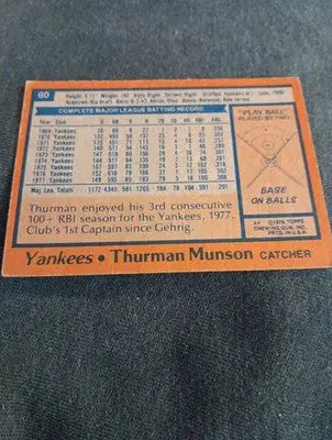 1978 Topps - Thurman Munson #60. NY Yankees. VG+ - Baseball Card Single