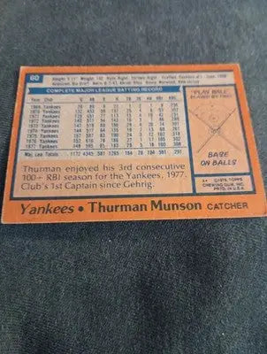 1978 Topps - Thurman Munson #60. NY Yankees. VG+ - Baseball Card Single