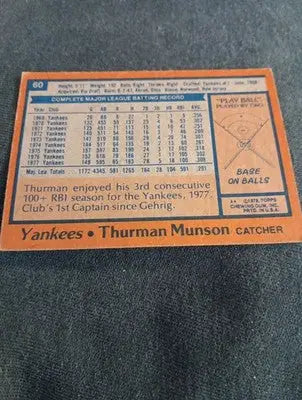 1978 Topps - Thurman Munson #60. NY Yankees. VG+ - Baseball Card Single