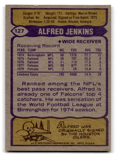 Alfred Jenkins football card back with original gloss from 1979 Topps Falcons ID 66274