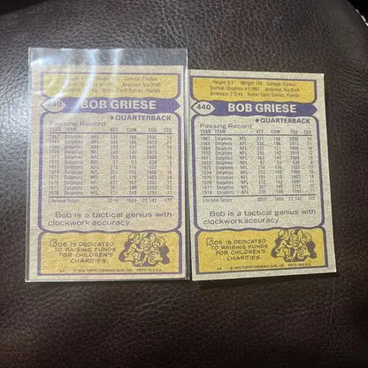 Two Bob Griese football sports trading cards from 1979 Topps #440 HOF