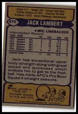 1979 Topps #475 Jack Lambert Cream Colored Back - Football Card Single