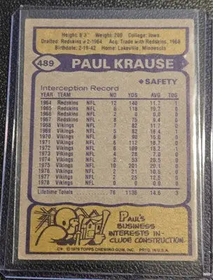 Paul Krause football card featuring Krause cream colored back from 1979 Topps
