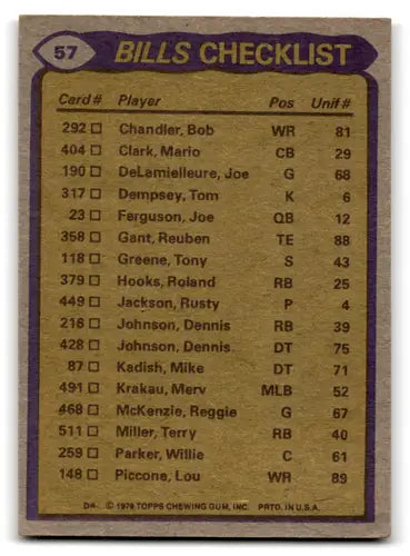 Vintage football card checklist featuring Terry Miller, Frank Lewis, and Mario Clark