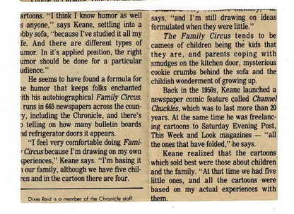 Newspaper article about The Family Circus comic in 1979 Topps Carl Mauck Houston Chronicle Football Card
