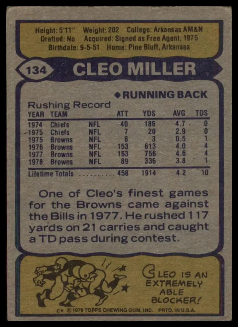 1979 Topps Cleo Miller #134 Cleveland Browns Football Card NFL Sports - Football Card Single