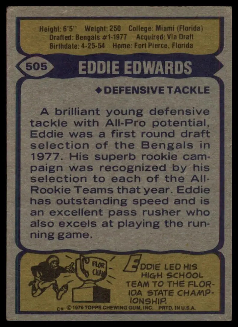 1979 Topps Eddie Edwards #505 Cincinnati Bengals Football Card NFL Sports
