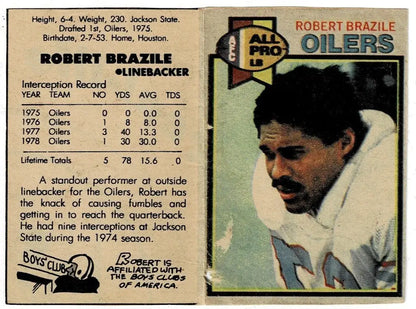 Vintage Robert Brazile Houston Chronicle football card from 1979 Topps Oilers collection