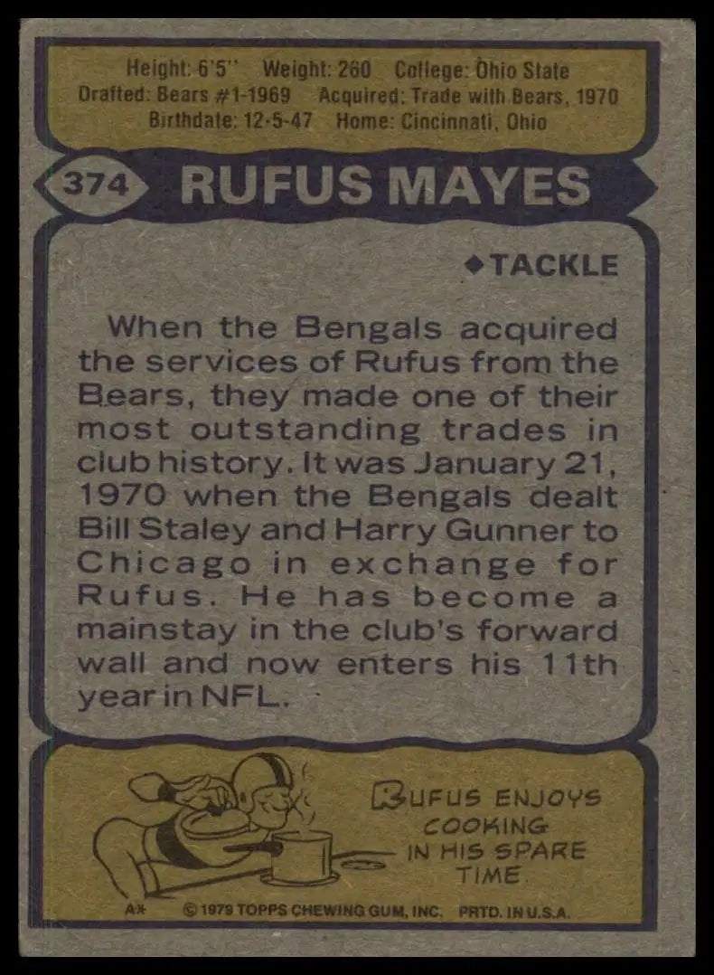 1979 Topps Rufus Mayes #374 Cincinnati Bengals Football Card NFL Sports - Football Card Single