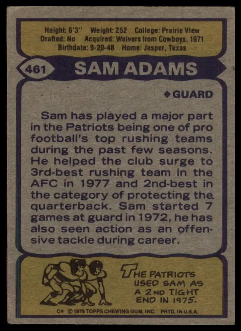 1979 Topps Sam Adams #461 New England Patriots Football Card NFL Sports
